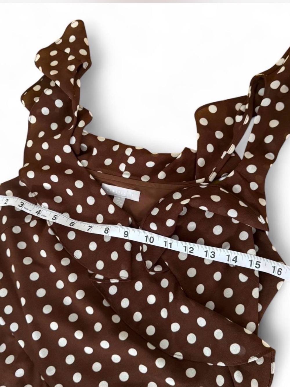 Chelsea28 Brown Polka Dot Ruffle Midi Dress | Romantic Coquette Wedding Guest - Picture 8 of 8